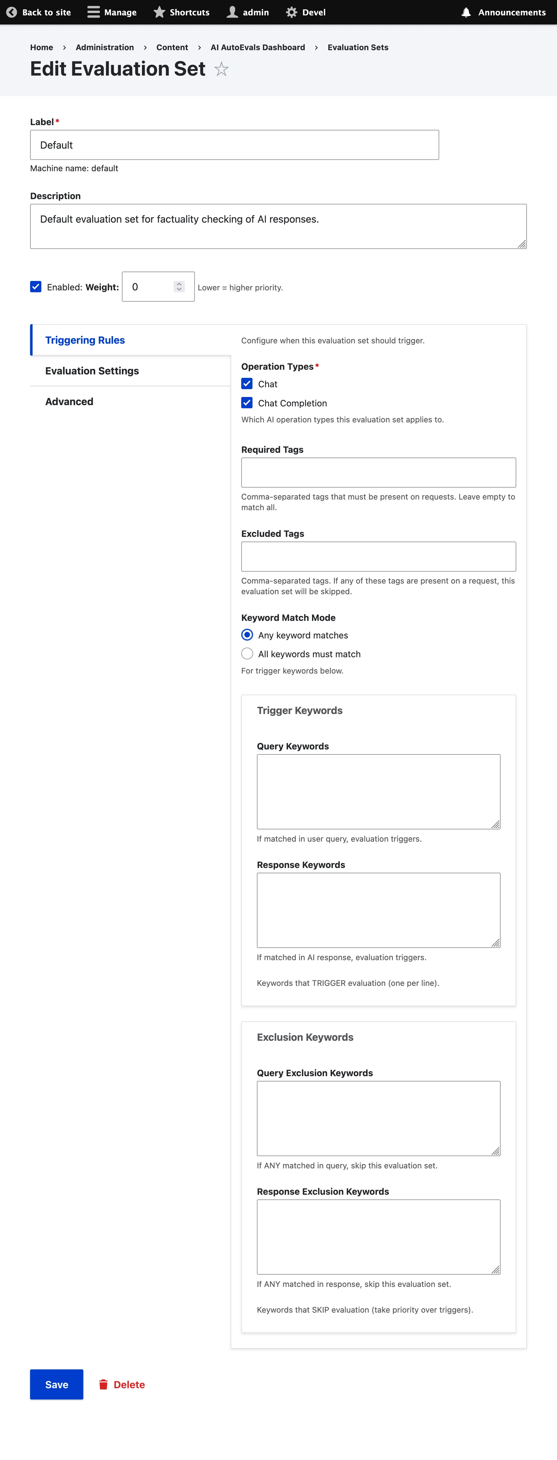 Evaluation Set Configuration